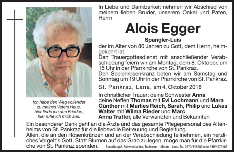  Traueranzeige für Alois Egger vom 05.10.2018 aus Dolomiten