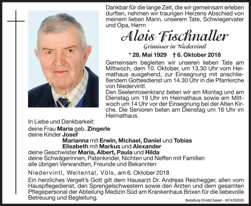  Traueranzeige für Alois Fischnaller vom 08.10.2018 aus Dolomiten