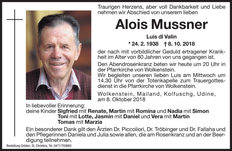  Traueranzeige für Alois Mussner vom 09.10.2018 aus Dolomiten