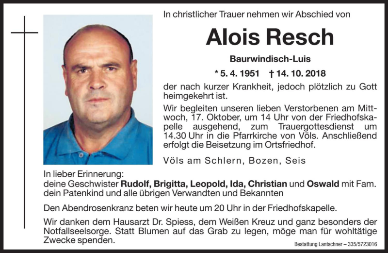  Traueranzeige für Alois Resch vom 16.10.2018 aus Dolomiten