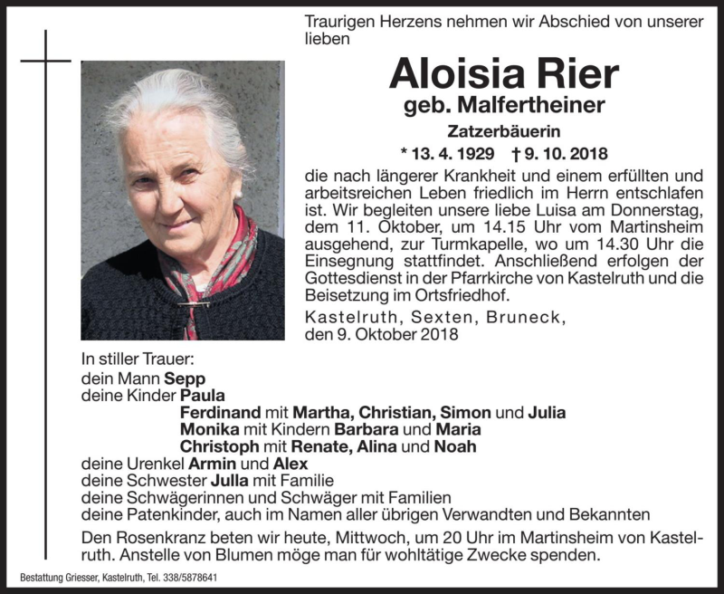  Traueranzeige für Aloisia Rier vom 10.10.2018 aus Dolomiten