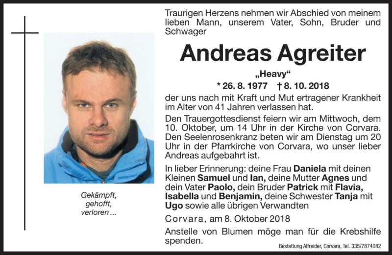  Traueranzeige für Andreas Agreiter vom 09.10.2018 aus Dolomiten