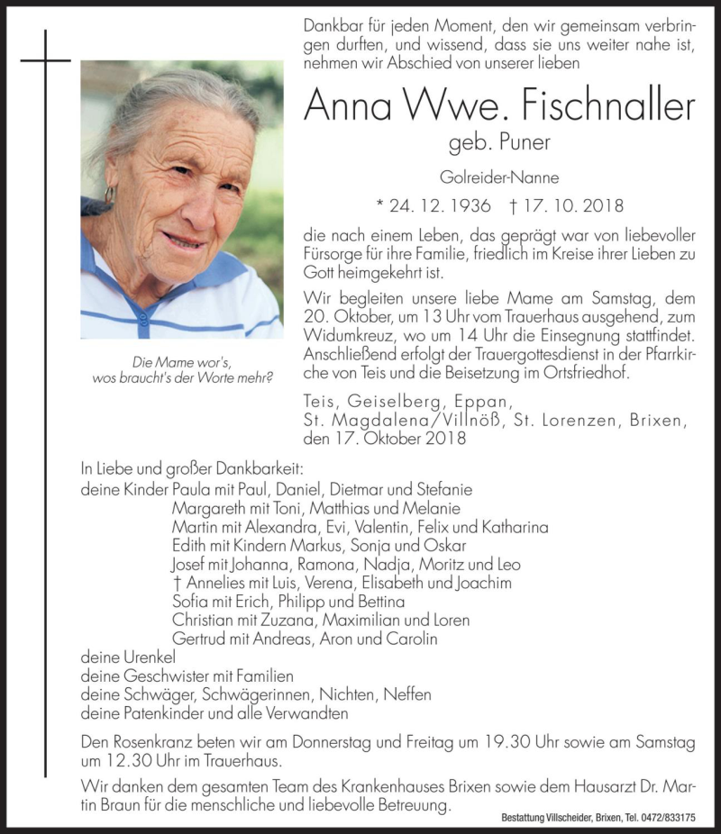  Traueranzeige für Anna Fischnaller vom 18.10.2018 aus Dolomiten