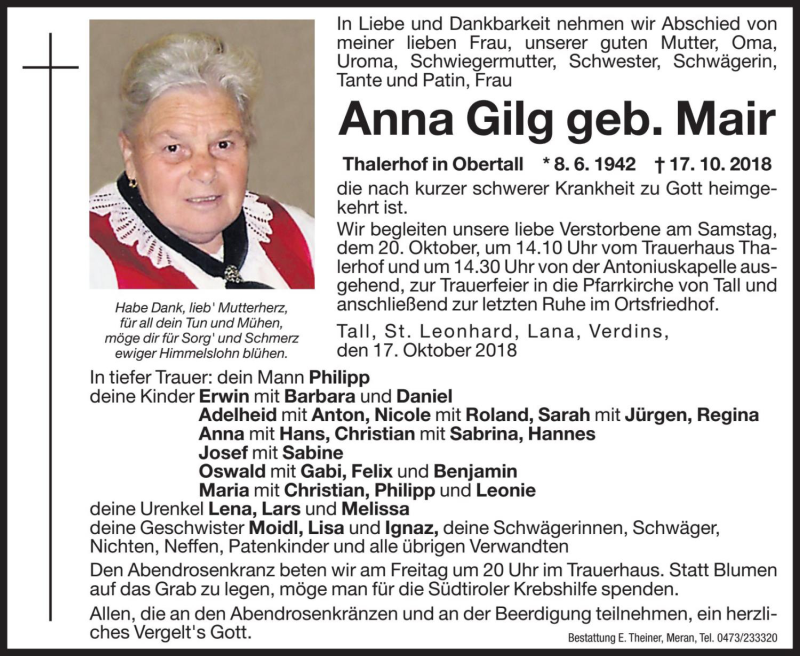  Traueranzeige für Anna Gilg vom 19.10.2018 aus Dolomiten