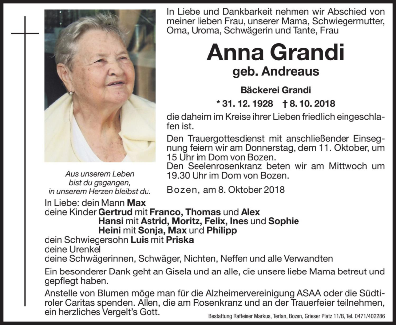  Traueranzeige für Anna Grandi vom 09.10.2018 aus Dolomiten
