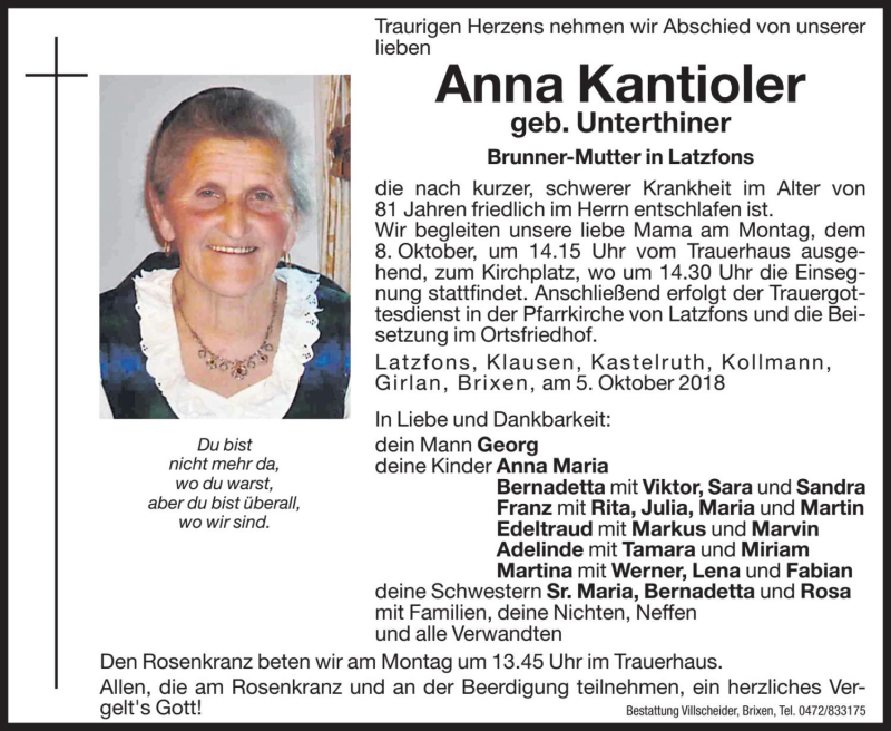  Traueranzeige für Anna Kantioler vom 08.10.2018 aus Dolomiten