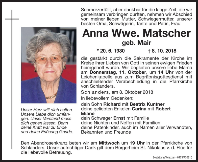  Traueranzeige für Anna Matscher vom 10.10.2018 aus Dolomiten