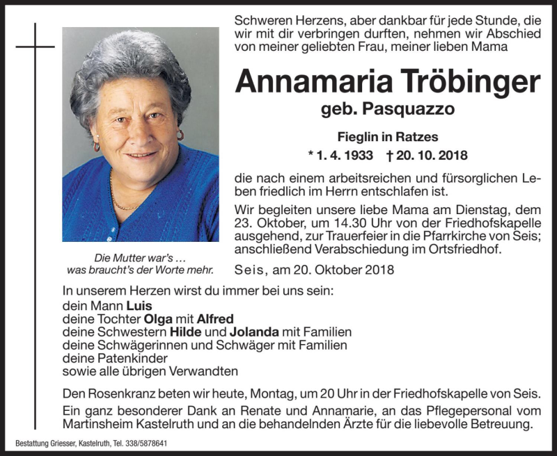  Traueranzeige für Annamaria Tröbinger vom 22.10.2018 aus Dolomiten