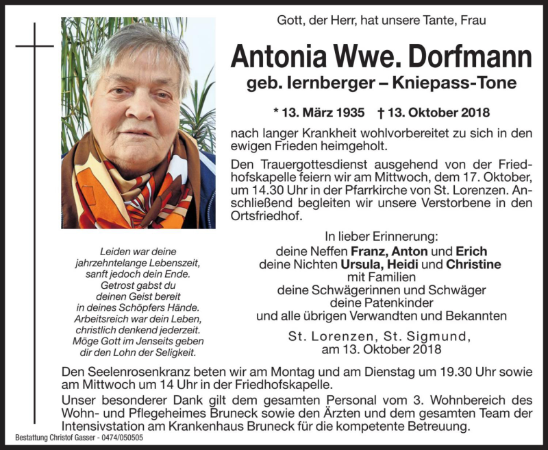  Traueranzeige für Antonia Dorfmann vom 15.10.2018 aus Dolomiten