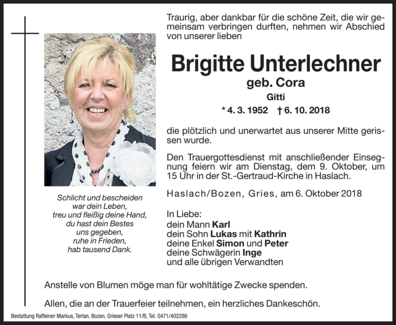  Traueranzeige für Brigitte Unterlechner vom 08.10.2018 aus Dolomiten