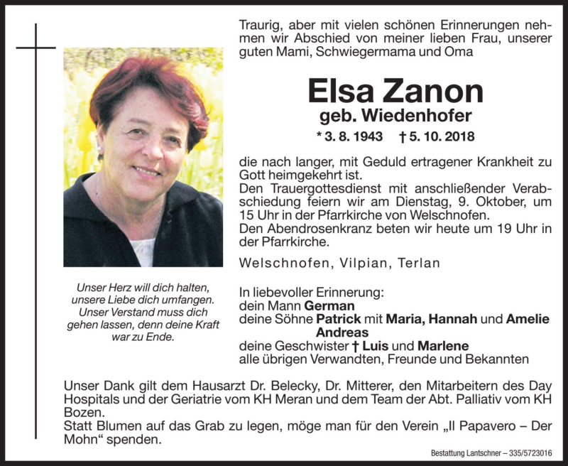  Traueranzeige für Elsa Zanon vom 08.10.2018 aus Dolomiten