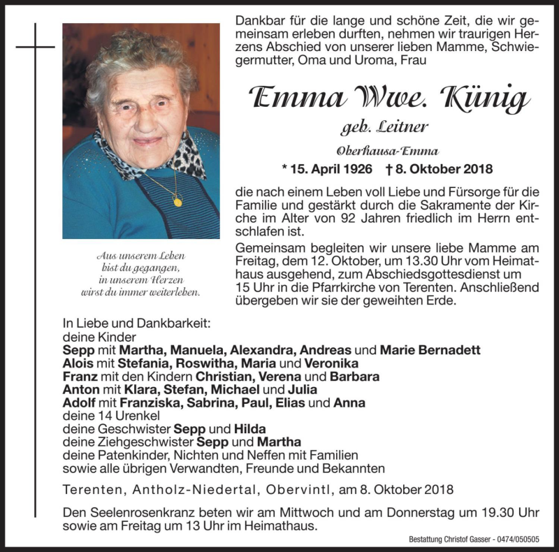  Traueranzeige für Emma Künig vom 10.10.2018 aus Dolomiten