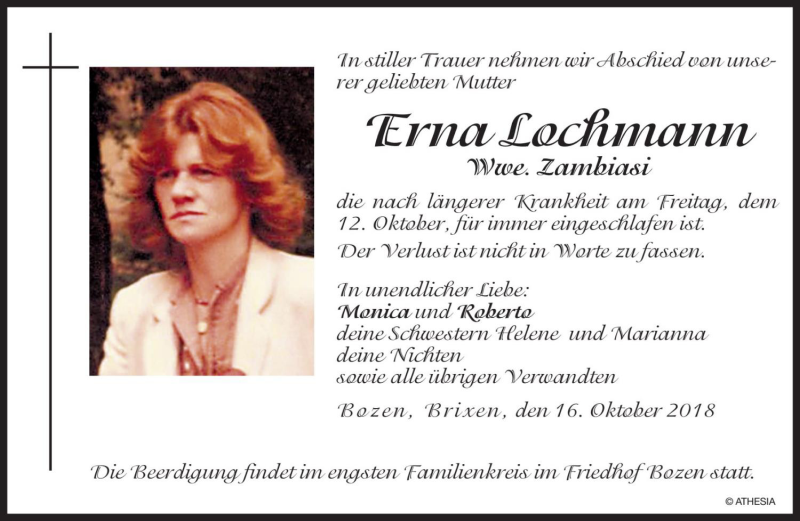  Traueranzeige für Erna Zambiasi vom 16.10.2018 aus Dolomiten