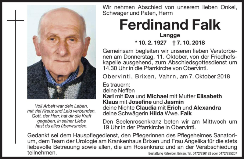  Traueranzeige für Ferdinand Falk vom 09.10.2018 aus Dolomiten