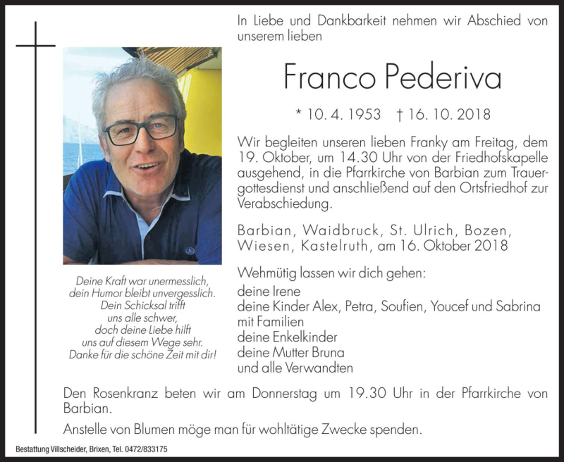  Traueranzeige für Franco Pederiva vom 18.10.2018 aus Dolomiten