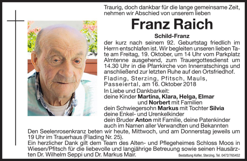  Traueranzeige für Franz Raich vom 17.10.2018 aus Dolomiten