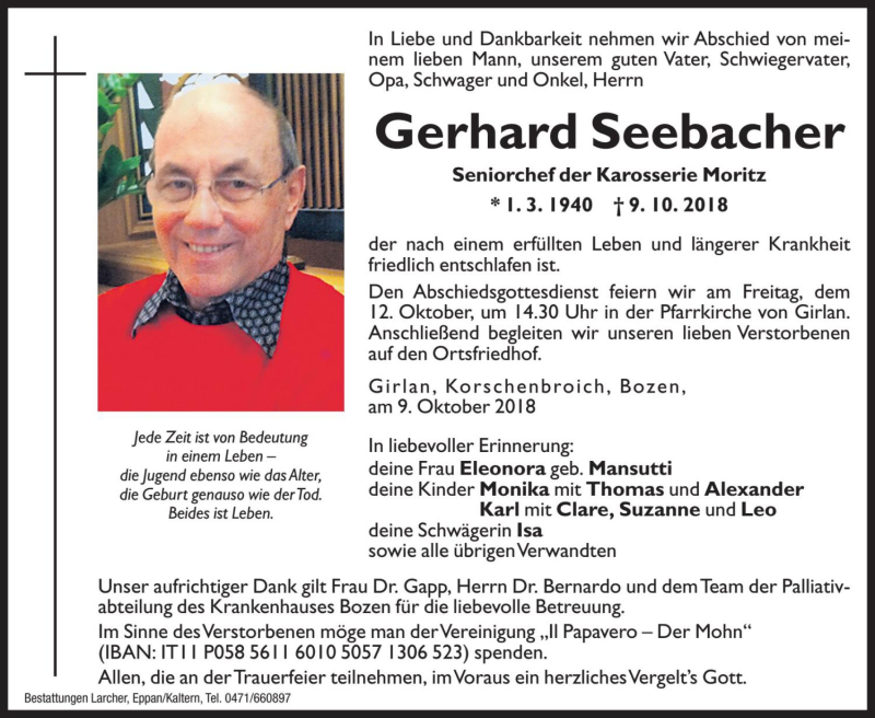  Traueranzeige für Gerhard Seebacher vom 10.10.2018 aus Dolomiten
