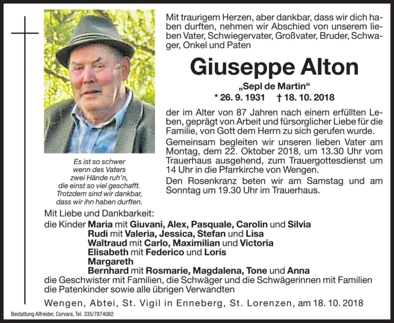  Traueranzeige für Giuseppe Alton vom 20.10.2018 aus Dolomiten