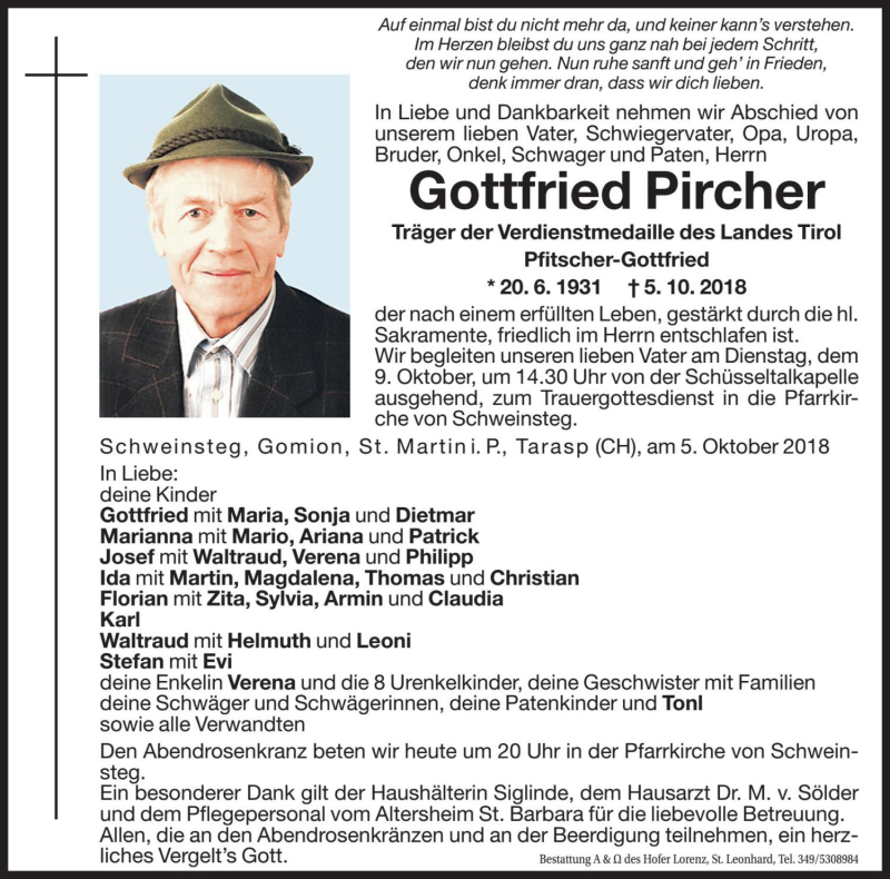  Traueranzeige für Gottfried Pircher vom 08.10.2018 aus Dolomiten