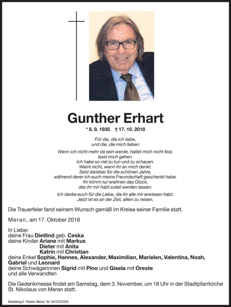  Traueranzeige für Gunther Erhart vom 23.10.2018 aus Dolomiten