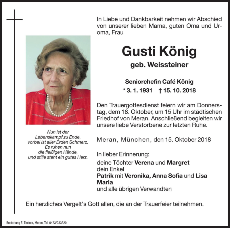  Traueranzeige für Gusti König vom 17.10.2018 aus Dolomiten