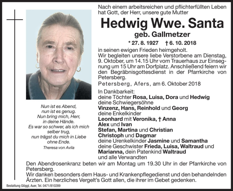  Traueranzeige für Hedwig Santa vom 08.10.2018 aus Dolomiten