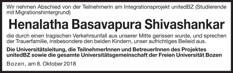  Traueranzeige für Henalatha Basavapura Shivashankar vom 09.10.2018 aus Dolomiten