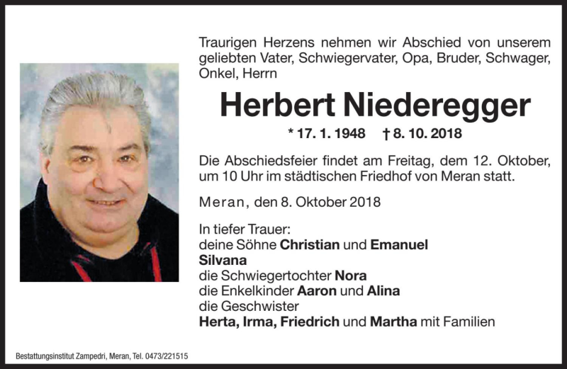  Traueranzeige für Herbert Niederegger vom 11.10.2018 aus Dolomiten