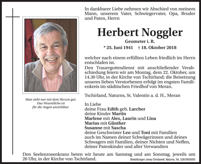  Traueranzeige für Herbert Noggler vom 20.10.2018 aus Dolomiten