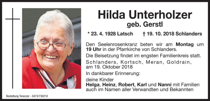  Traueranzeige für Hilda Unterholzer vom 22.10.2018 aus Dolomiten