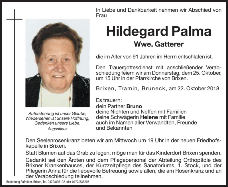  Traueranzeige für Hildegard Gatterer vom 24.10.2018 aus Dolomiten