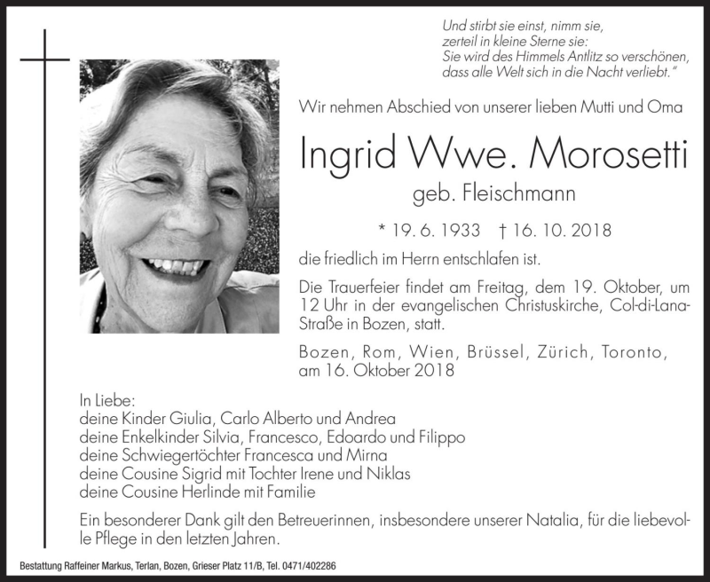  Traueranzeige für Ingrid Morosetti vom 17.10.2018 aus Dolomiten