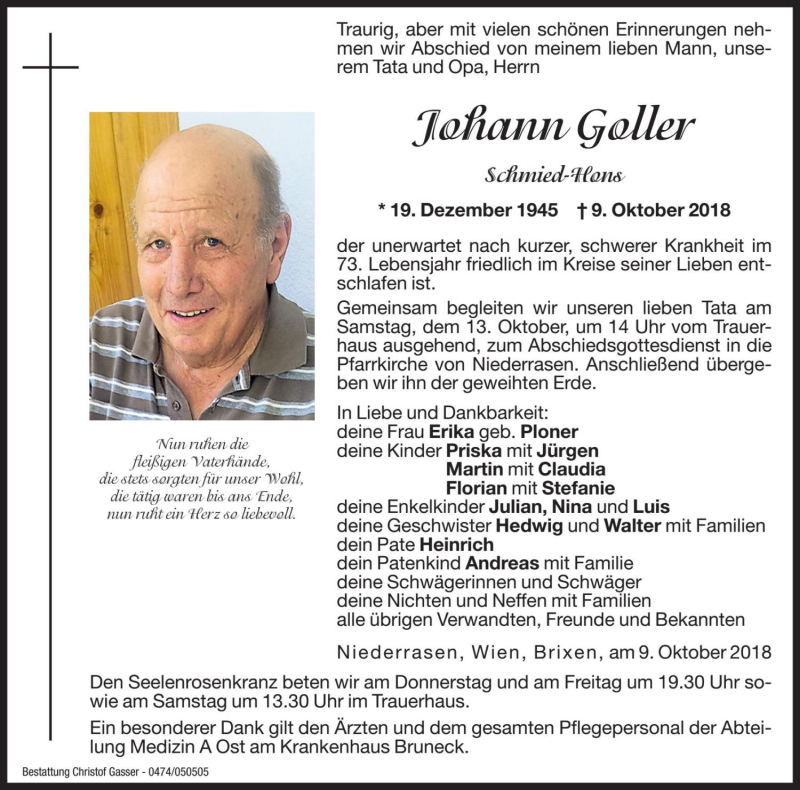  Traueranzeige für Johann Goller vom 11.10.2018 aus Dolomiten