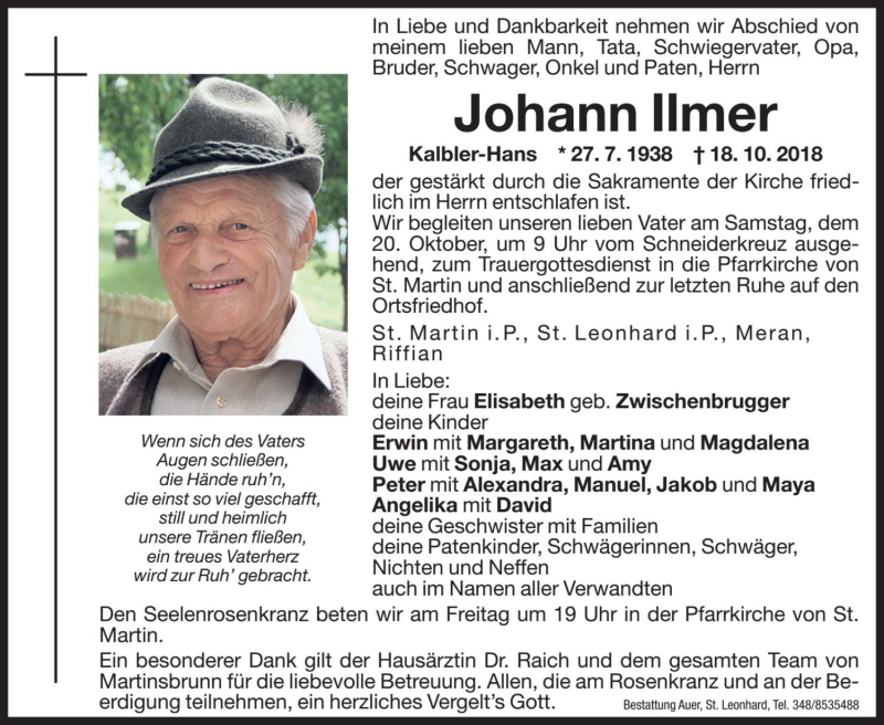  Traueranzeige für Johann Ilmer vom 19.10.2018 aus Dolomiten