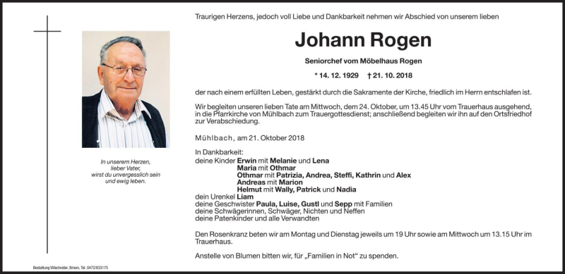  Traueranzeige für Johann Rogen vom 22.10.2018 aus Dolomiten