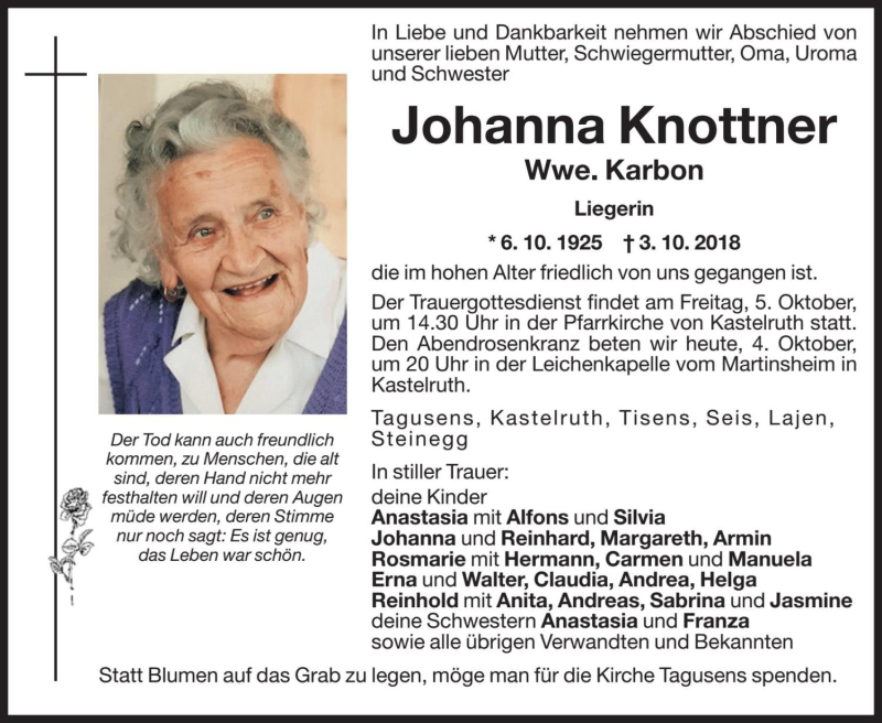 Traueranzeige für Johanna Karbon vom 04.10.2018 aus Dolomiten