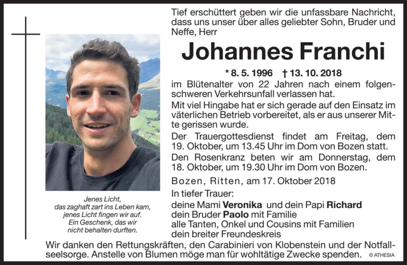  Traueranzeige für Johannes Franchi vom 18.10.2018 aus Dolomiten
