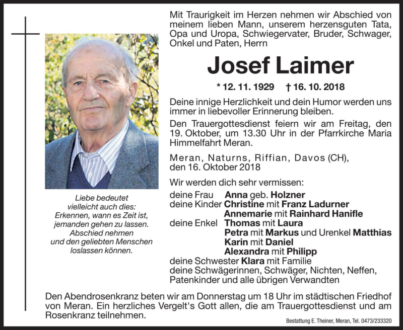  Traueranzeige für Josef Laimer vom 18.10.2018 aus Dolomiten
