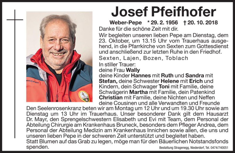 Traueranzeige für Josef Pfeifhofer vom 22.10.2018 aus Dolomiten