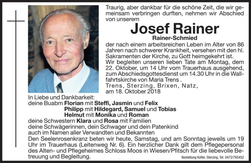  Traueranzeige für Josef Rainer vom 20.10.2018 aus Dolomiten