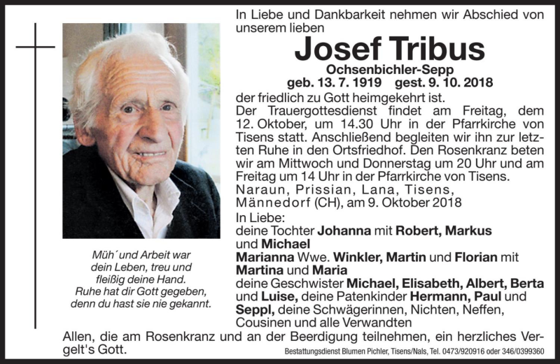 Traueranzeige für Josef Tribus vom 10.10.2018 aus Dolomiten