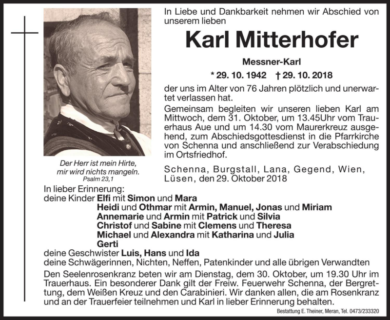  Traueranzeige für Karl Mitterhofer vom 30.10.2018 aus Dolomiten