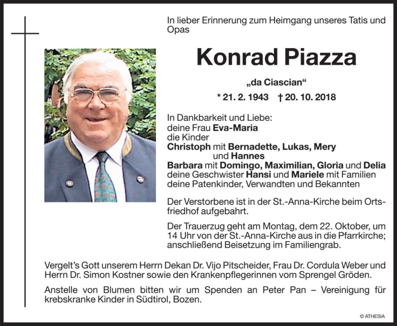  Traueranzeige für Konrad Piazza vom 22.10.2018 aus Dolomiten