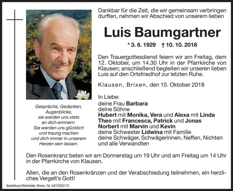  Traueranzeige für Luis Baumgartner vom 11.10.2018 aus Dolomiten