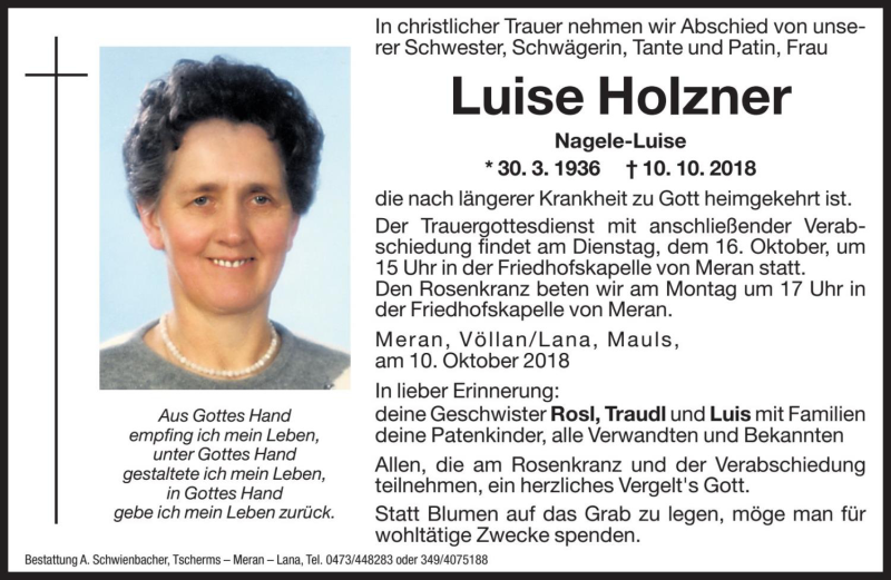  Traueranzeige für Luise Holzner vom 12.10.2018 aus Dolomiten