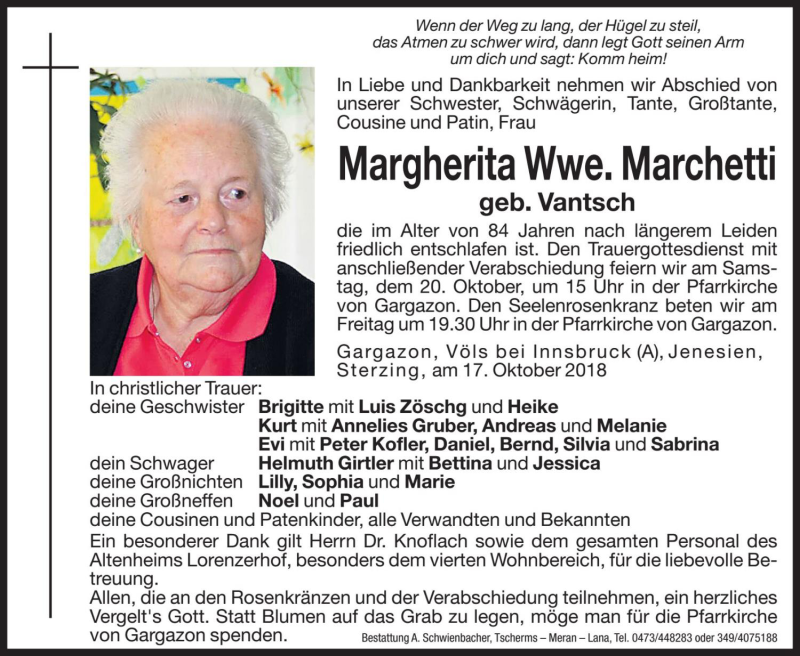  Traueranzeige für Margherita Marchetti vom 19.10.2018 aus Dolomiten