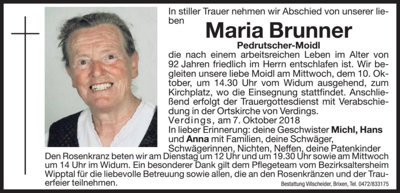  Traueranzeige für Maria Brunner vom 09.10.2018 aus Dolomiten
