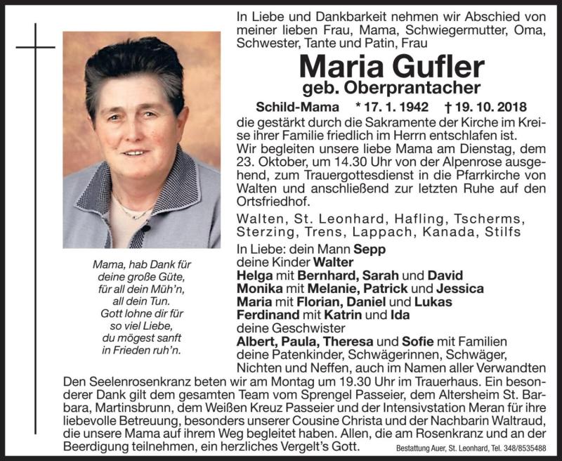  Traueranzeige für Maria Gufler vom 22.10.2018 aus Dolomiten