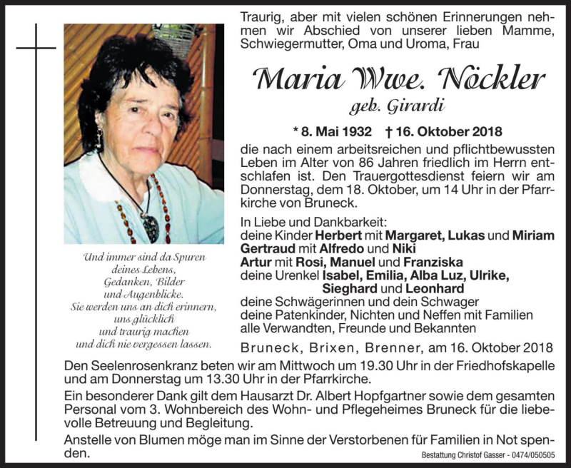  Traueranzeige für Maria Nöckler vom 17.10.2018 aus Dolomiten
