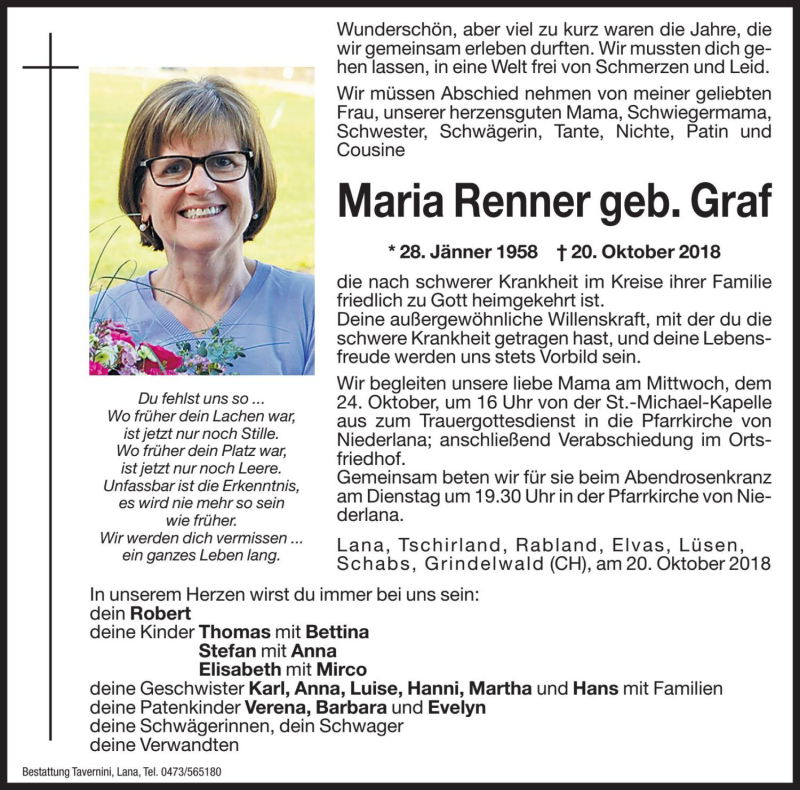  Traueranzeige für Maria Renner vom 22.10.2018 aus Dolomiten